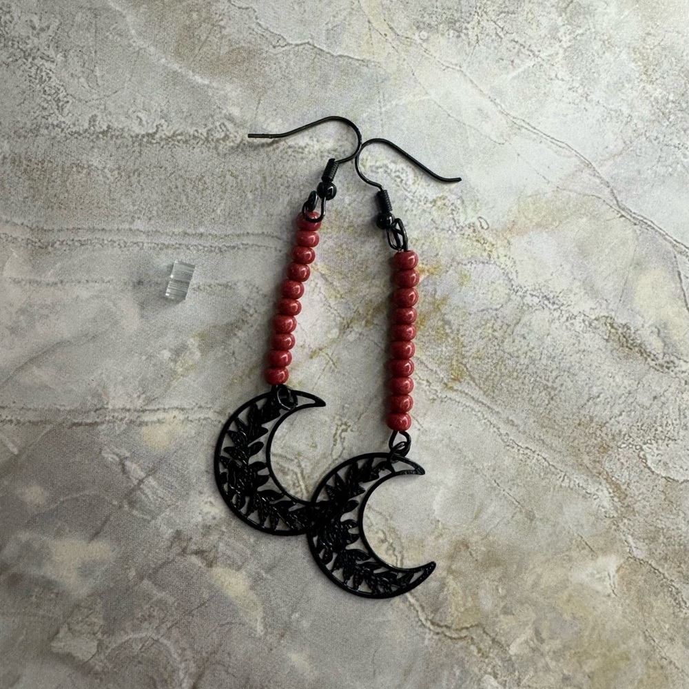 Red Beaded Crescent Moon Earrings